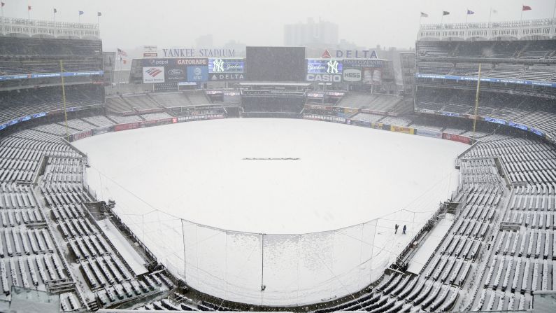 Snow covers Yankee Stadium on Monday, April 2. The New York Yankees had to postpone their home opener.