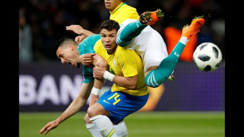 Germany's Sandro Wagner, right, collides with Brazil's Thiago Silva during a friendly match in Berlin on Tuesday, March 27.