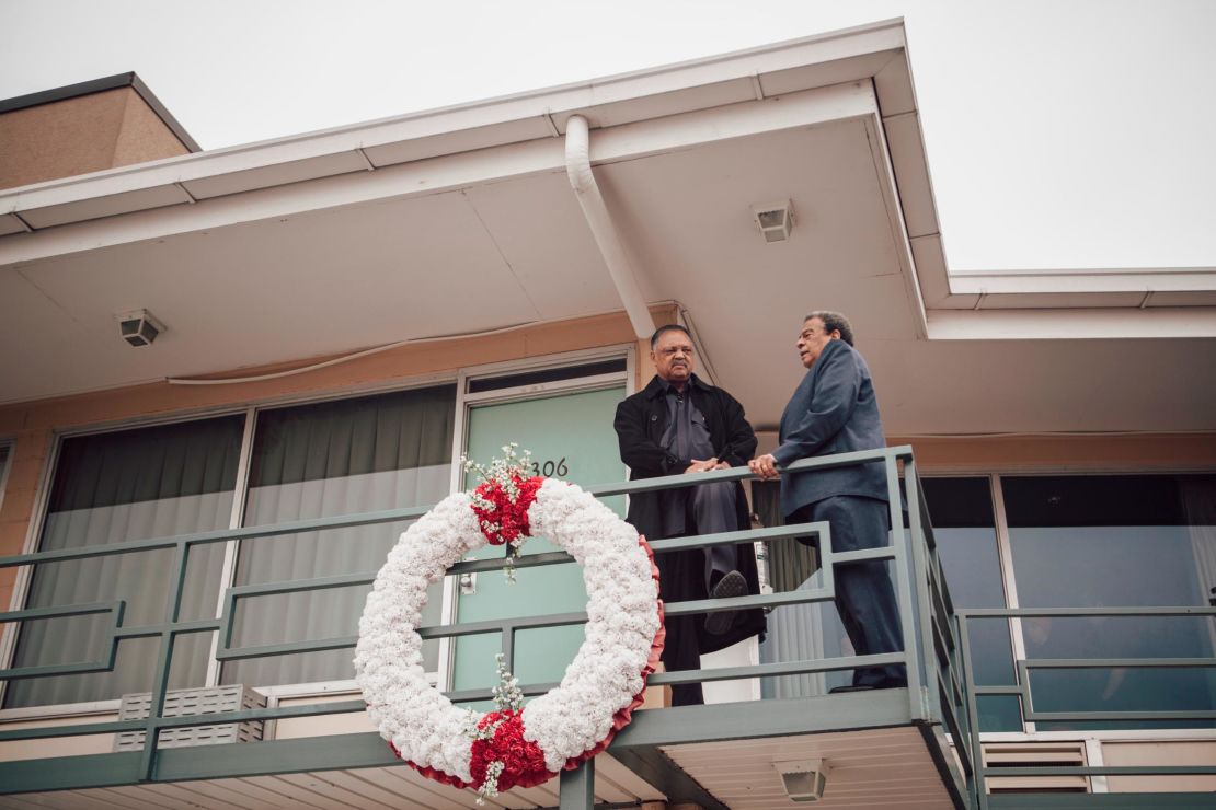 Jackson and Young reminisce on the motel balcony. Both were downstairs at the moment  Martin Luther King Jr. was shot.