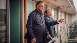 MEMPHIS, TN - March 25, 2018: Rev. Jesse Jackson (left) and Andrew Young (right) visit the balcony at the Lorraine Motel in Memphis where they were standing with Dr. Martin Luther king jr. the day he was killed. 