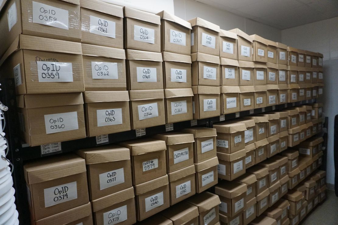 Neatly labeled boxes in the unidentified remains closet in forensic anthropologist Kate Spradley's lab in San Marcos, Texas.