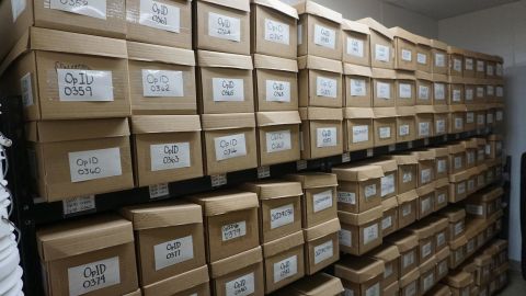 Neatly labeled boxes in the unidentified remains closet in forensic anthropologist Kate Spradley's lab in San Marcos, Texas.
