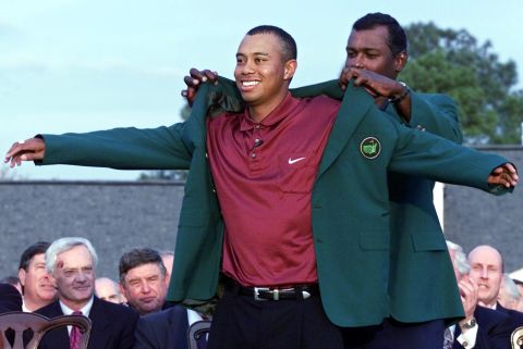Woods was awarded his second green jacket by Fiji's Vijay Singh in 2000.