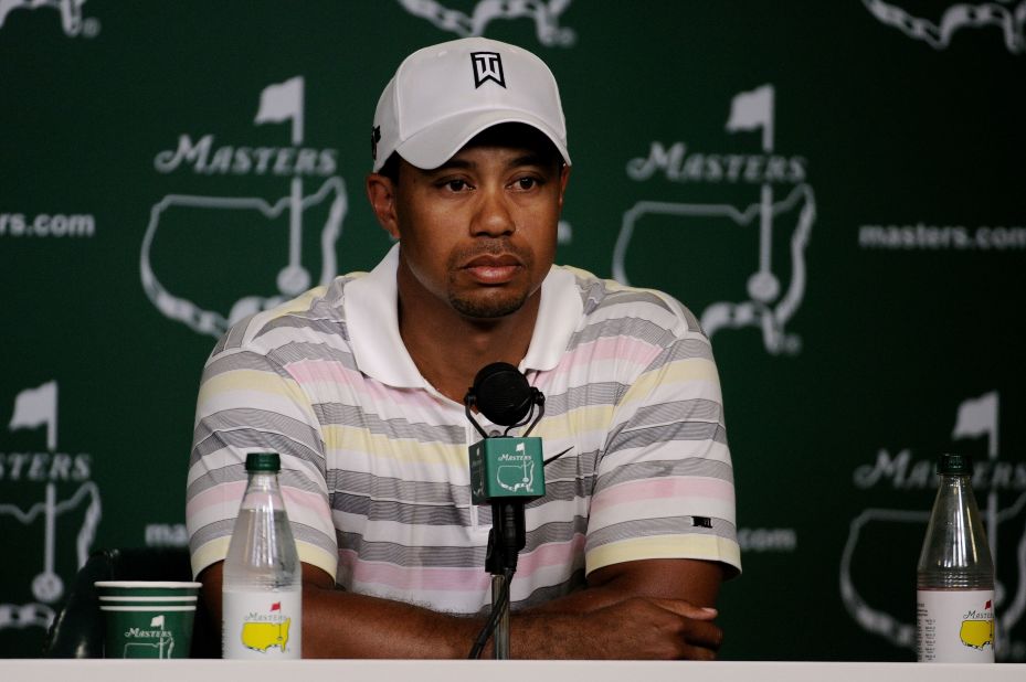 Woods faced the media on his reappearance at the Masters in 2010.