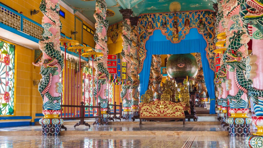 <strong>Cao Dai Temple:</strong> Located in Long Than village, northwest of Ho Chi Minh City, the Cao Dai Temple was built in 1955. Caodaism promotes world peace and posits that all religions are the same. Inside the colorful domed temple, you'll see tributes to every divinity from Jesus to Buddha, as well as ornately carved pillars and pretty blue ceilings. Travelers are welcome to visit one of the services, which take place twice daily and often feature a mix of Vietnamese music and choir singing.