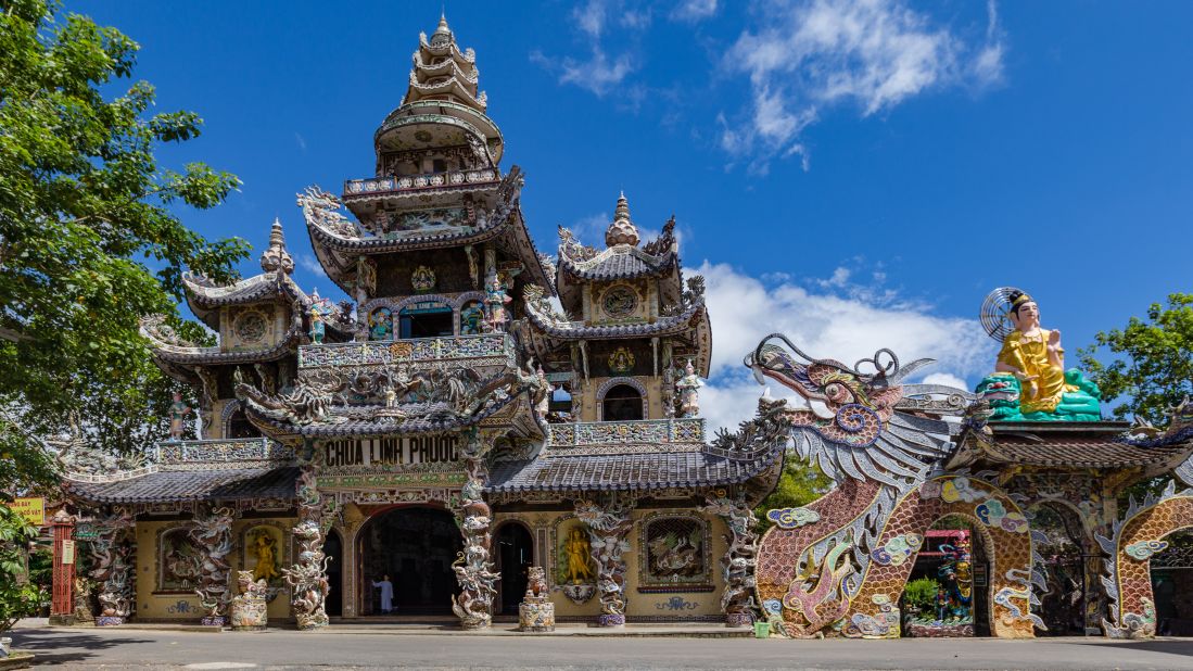 <strong>Linh Phuoc Pagoda:</strong> Completed in 1952, just outside of Da Lat city, the Linh Phuoc Pagoda stands tall at 118 feet -- making it Vietnam's highest bell tower. But even more notable are the intricate mosaics along the facade and corridors. Around the temple grounds, there's also an enormous glass dragon sculpture, which was crafted from thousands of broken bottles.