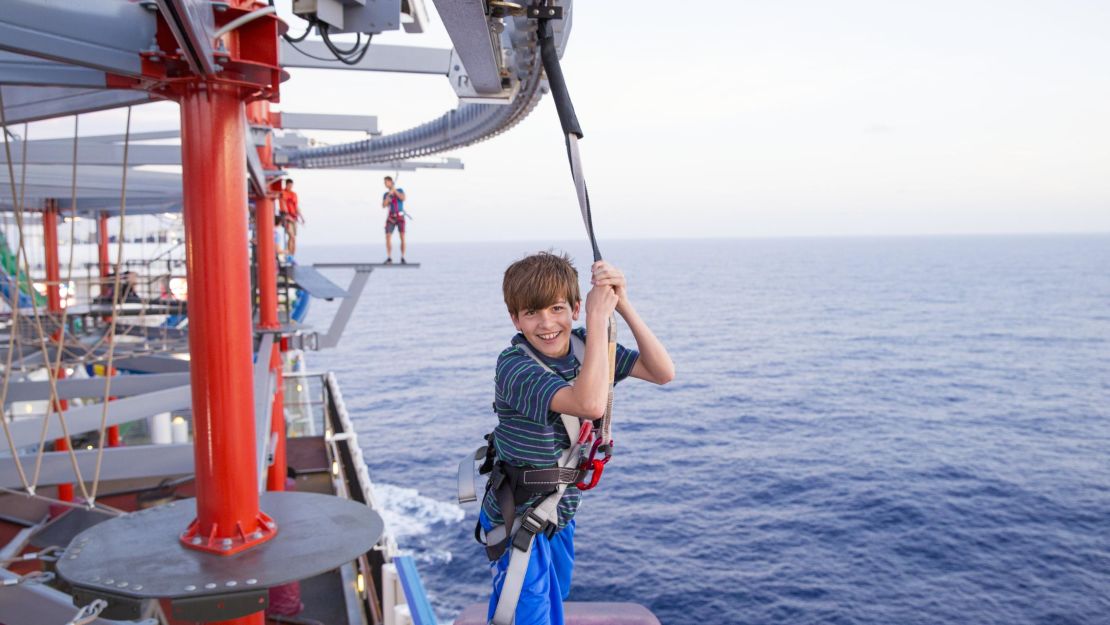 Daredevils of all ages can zip-line or walk "The Plank" on Norwegian Escape, part of the ship's three-story ropes course. 