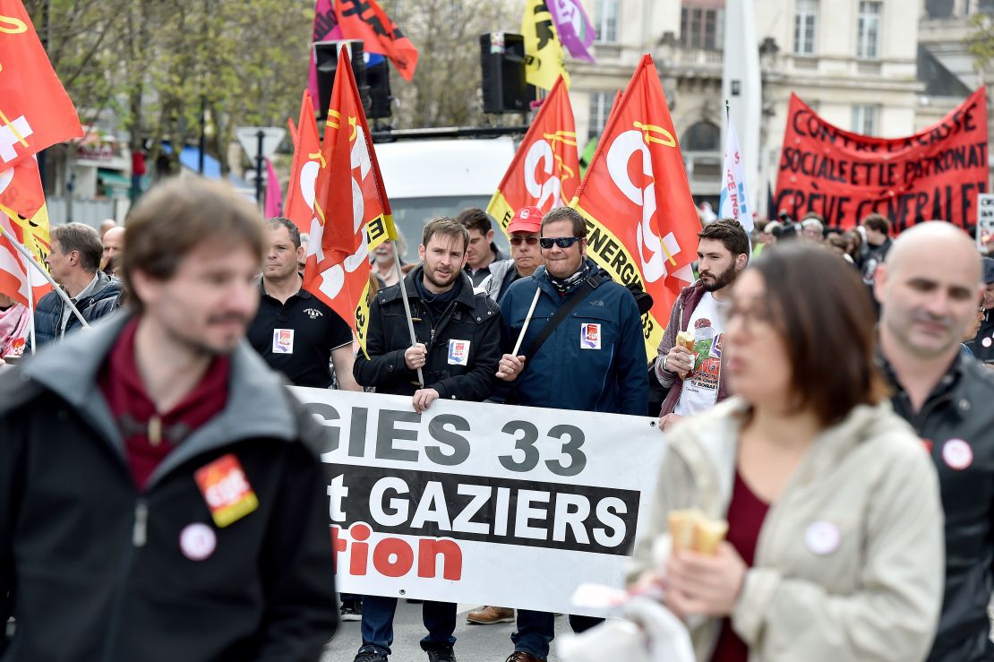 Railways workers, members of the CGT trade union, attend a protest rally in Bordeaux on April 3 at the start of three months of rolling rail strikes.
