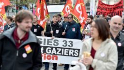 Railways workers, members of a CGT trade union, attend a protest rally in Bordeaux, southwestern France, on April 3, 2018, at the start of three months of rolling rail strikes.
Staff at state rail operator SNCF walked off the job from 7.00 pm (1700 GMT) on April 2, the first in a series of walkouts affecting everything from energy to garbage collection. The rolling rail strikes, set to last until June 28, are being seen as the biggest challenge yet to the President's sweeping plans to shake up France and make it more competitive. / AFP PHOTO / GEORGES GOBET        (Photo credit should read GEORGES GOBET/AFP/Getty Images)