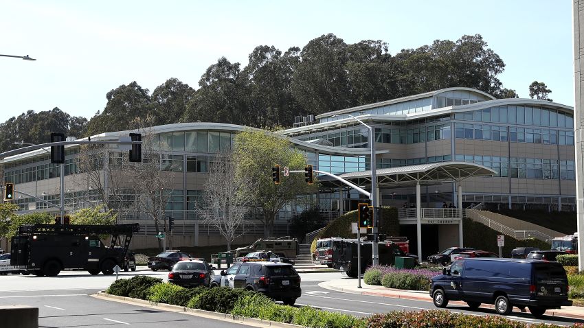 SAN BRUNO, CA - APRIL 03:  Police officers stand by in front of the YouTube headquarters on April 3, 2018 in San Bruno, California. Police are investigating an active shooter incident at YouTube headquarters that has left at least one person dead and several wounded.  (Photo by Justin Sullivan/Getty Images)