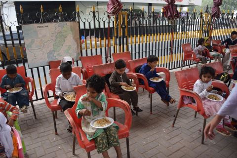 Lunch involves traditional dishes at the Karachi Footpath School in the province of Sindh in Pakistan. The school provides lunch for free to all students before they leave at 1 p.m.