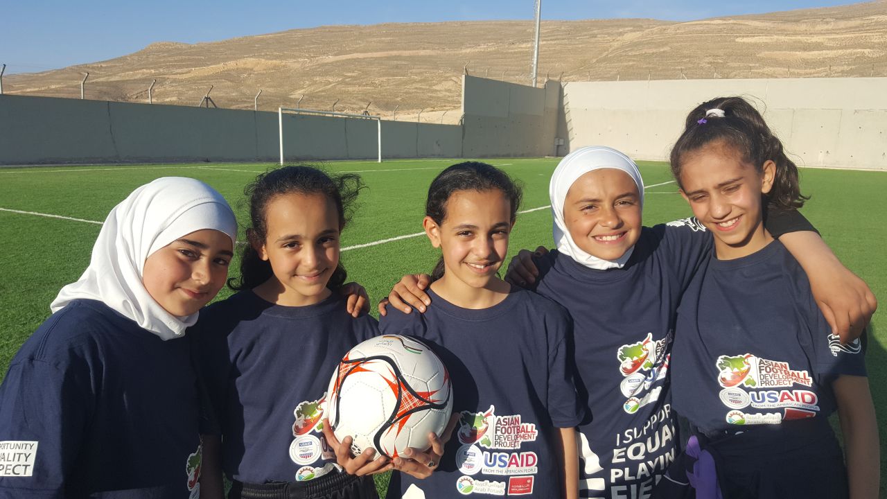 Kids at football camp in Petra. None had ever played before and said playing that day made them "so happy."