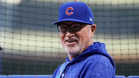 Maddon looks on before the third game of the National League Championship Series in October.