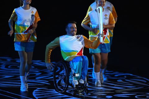 Kurt Fearnley showcases the Queen's Baton, which left Buckingham Palace in March 2017 and traveled for 388 days and 143 thousand miles through the entire Commonwealth. 