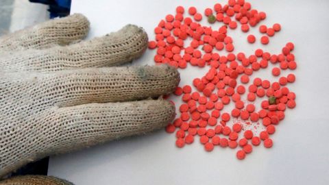 Police display amphetamine pills in Bangkok on Tuesday.