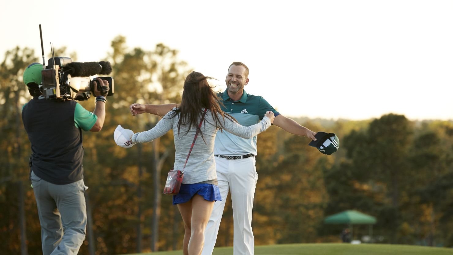 AUGUSTA, GA - APRIL 09:  Sergio Garcia of Spain embraces fiancee Angela Akins in celebration after defeating Justin Rose (not pictured) of England on the first playoff hole during the final round of the 2017 Masters Tournament at Augusta National Golf Club on April 9, 2017 in Augusta, Georgia.  (Photo by Harry How/Getty Images)