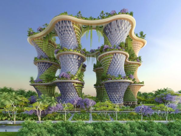 A self-sustaining garden tower called 'Hyperions' was proposed by architect Vincent Callebau to be built near New Delhi, India. The design could allow occupants to grow  vegetables on their balconies. 