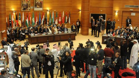 Delegates from Arab League member states and Turkey discuss a response to the government's crackdown in Syria on November 16, 2011.