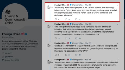The UK Foreign Office deleted a tweet blaming Russia for the nerve agent attack. 