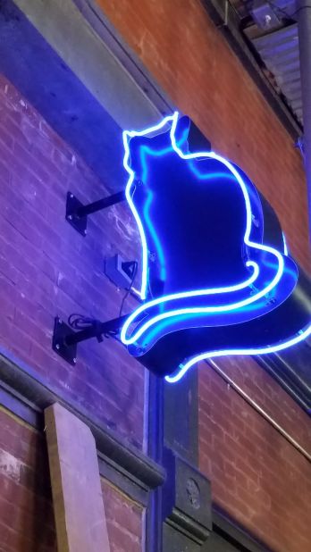 <strong>The Alley Cat Amateur Theatre:</strong> The blue neon cat is the tell-tale sign of the new speakeasy in the cellar of the historic Beekman Hotel.