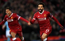Mo Salah of Liverpool celebrates after scoring against City on April 4 at Anfield.