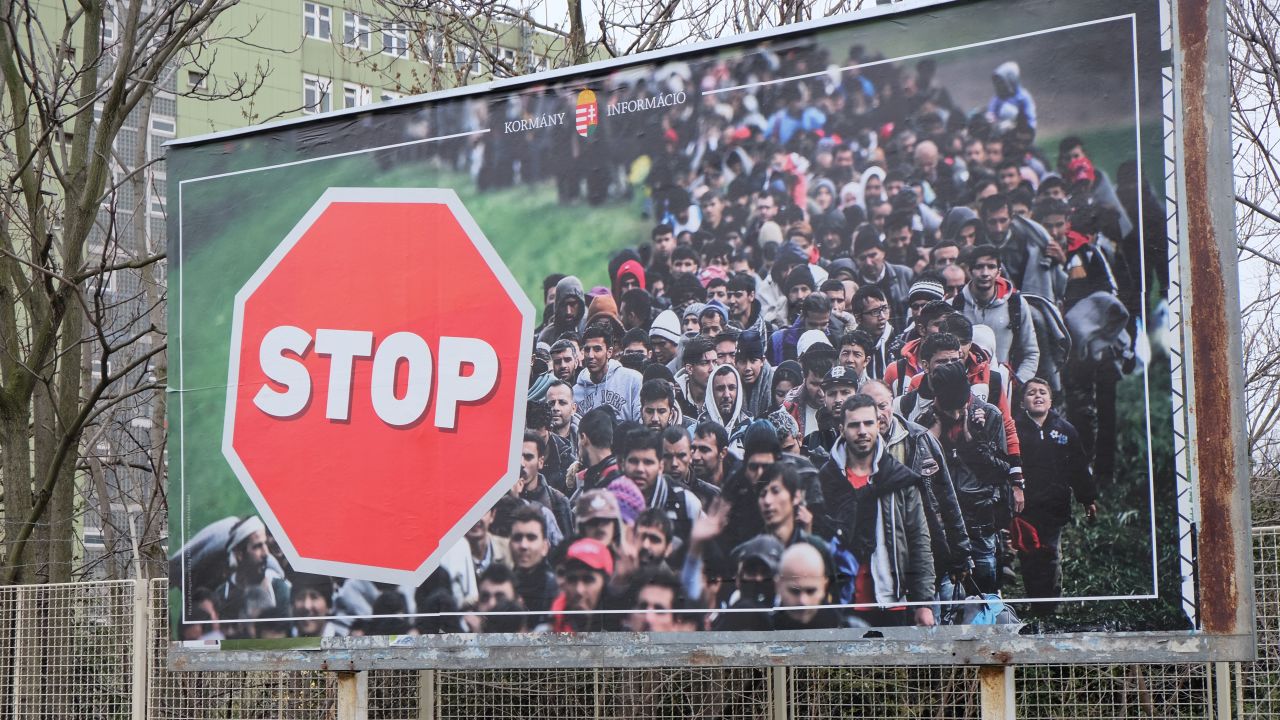A government billboard on Budapest's outskirts calling for an end to migration. 