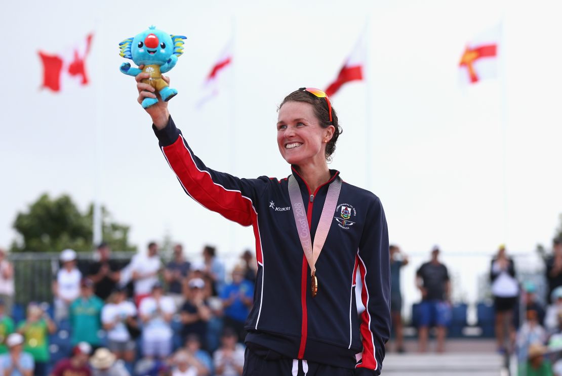Gold medalist Flora Duffy of Bermuda celebrates during the medal ceremony for the women's triathlon.