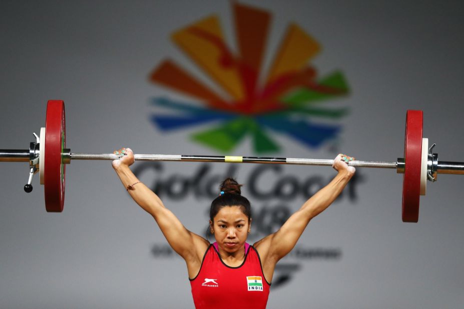 Chanu Saikhom Mirabai of India competes during the weightlifting women's 48kg final.