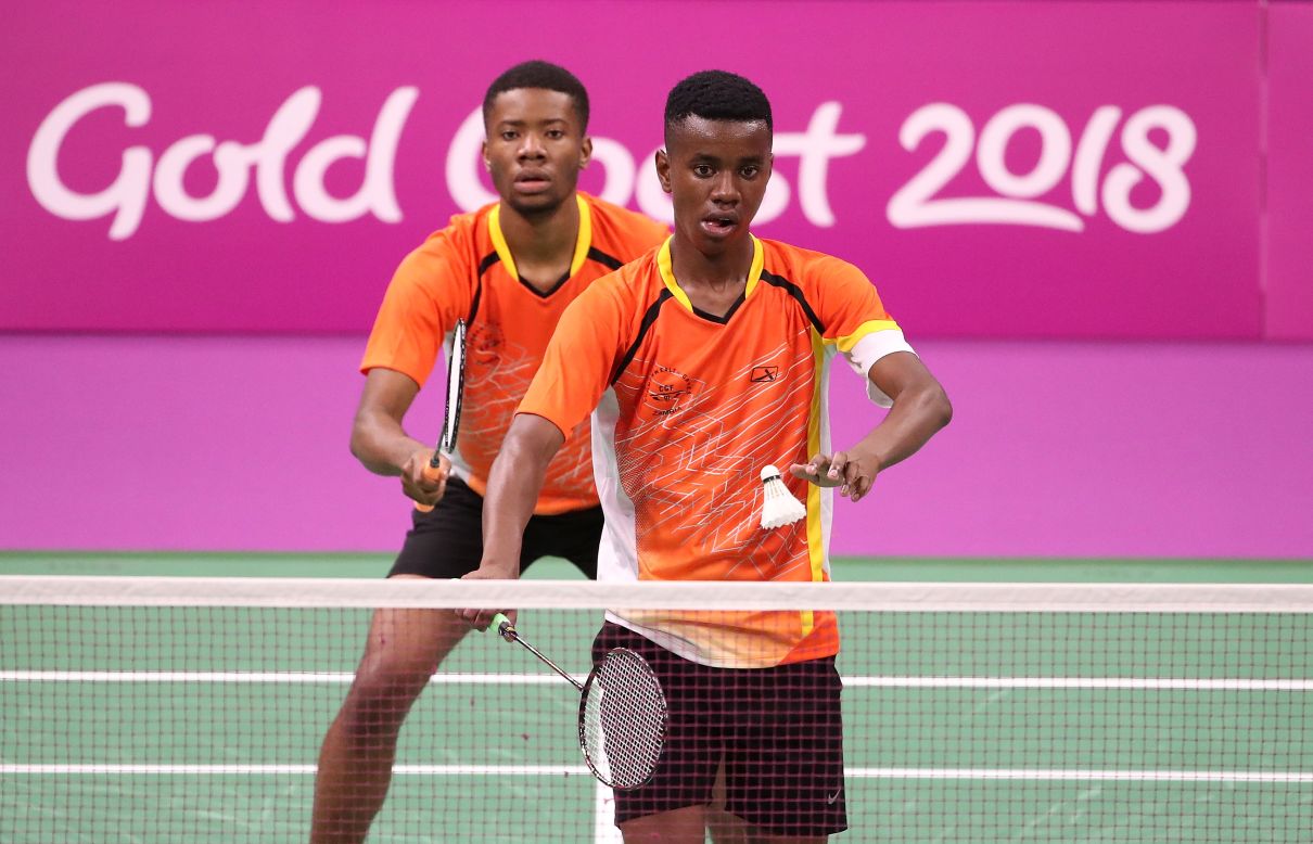 Kalombo Mulenga and Chongo Mulenga of Zambia compete against Aatish Lubah and Christopher Jean Paul of Mauritius during the badminton mixed team group play stage.