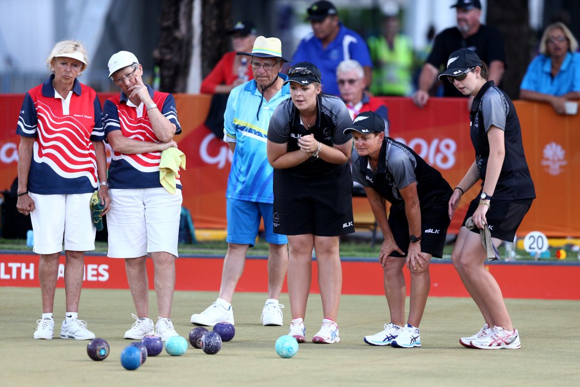 The New Zealand women's fours team of Katelyn Inch, Tayla Bruce, Val Smith and Mandy Boyd in their game against Jersey in the team lawn bowls.