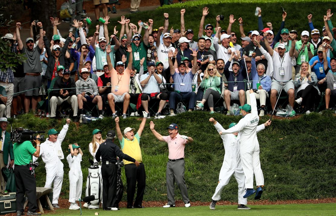 Jack Nicklaus' grandson makes a hole-in-one in the Masters par-three tournament.