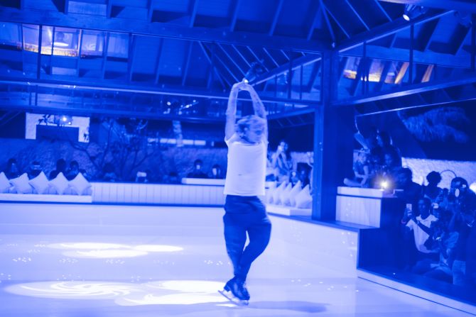 <strong>All-star material:</strong> In March, Russian Olympic gold medalist Evgeni Plushenko performed to mark the opening. "We named it 'Ice Ice Maybe' to imply that it's not a traditional cool-down ice skating rink," Amit Majumder, general manager of Jumeirah Vittaveli, tells CNN Travel. "It's a synthetic rink that's built on the beach, so you can go swimming in the tropical waters then go skating right after -- or vice versa."