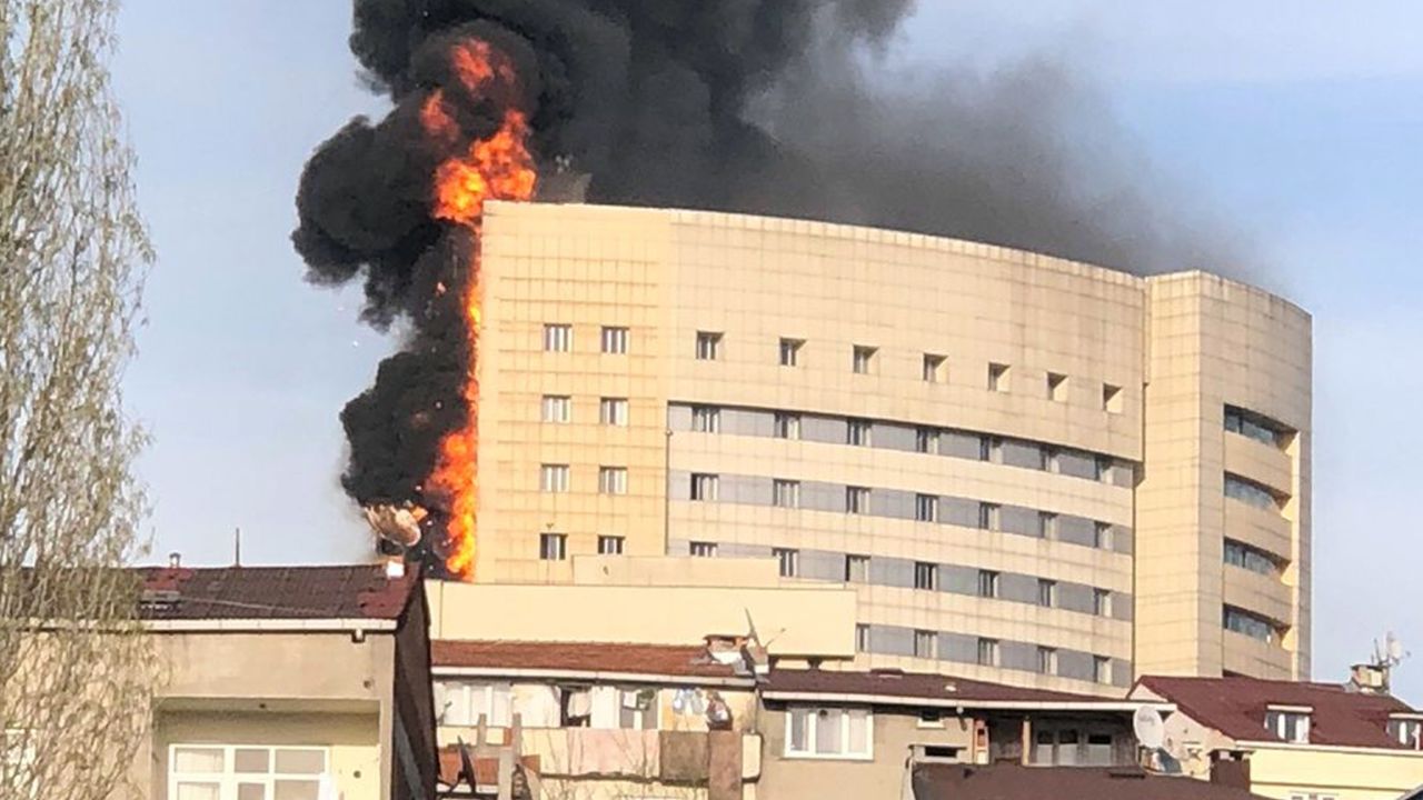 The fire at Taksim Hospital engulfed the facade and forced the evacuation of a number of patients.