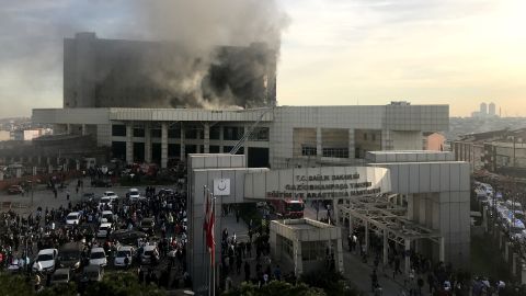 The fire broke out on the roof of Taksim Training and Research Hospital in northern Istanbul.