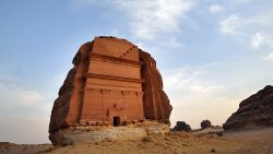 A carved rose-coloured sandstone mountain in the Nabataean archaeological site of al-Hijr near the northwestern town of al-Ula, Saudi Arabia.
