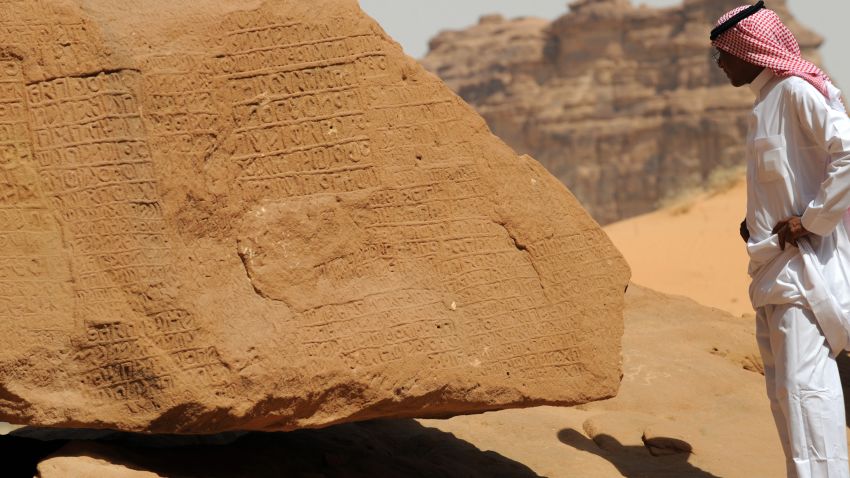 A picture shows inscription on rose-coloured sandstone in the Nabataean archaeological site of al-Hijr near the northwestern town of al-Ula, Saudi Arabia.