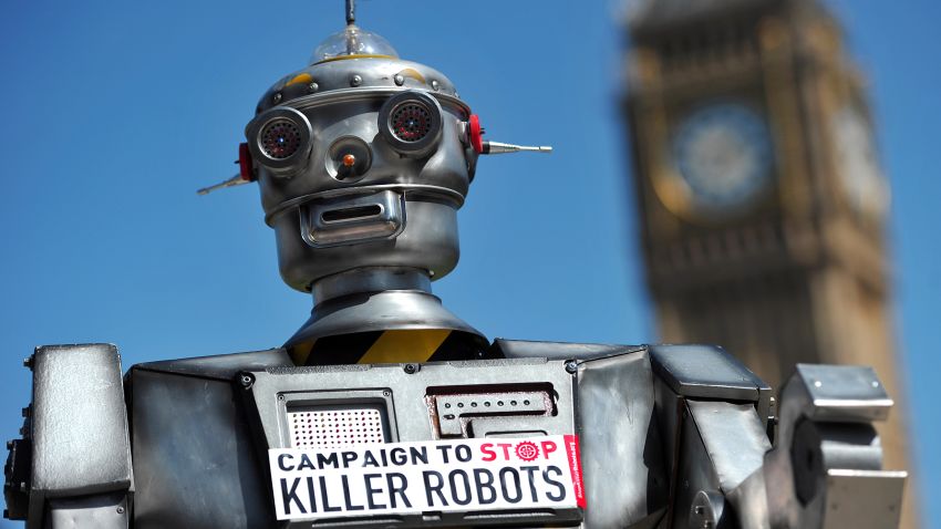 A mock "killer robot" is pictured in central London on April 23, 2013 during the launching of the Campaign to Stop "Killer Robots," which calls for the ban of lethal robot weapons that would be able to select and attack targets without any human intervention. The Campaign to Stop Killer Robots calls for a pre-emptive and comprehensive ban on the development, production, and use of fully autonomous weapons. AFP PHOTO/CARL COURT / AFP PHOTO / CARL COURT        (Photo credit should read CARL COURT/AFP/Getty Images)