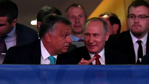 Orban sits next to Putin during the World Judo Championships in Budapest on August 28, 2017.