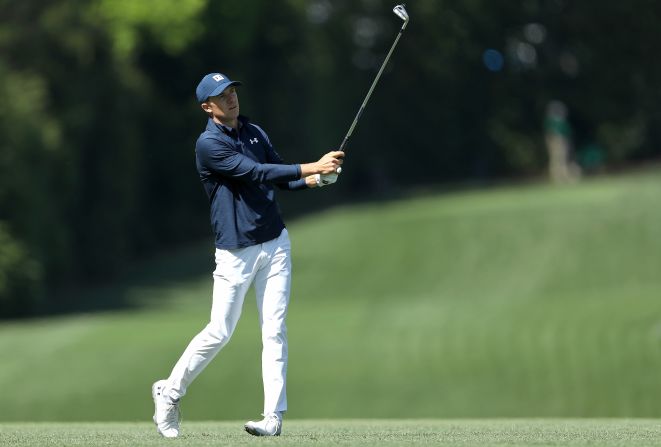 Jordan Spieth plays a shot during the first round on Thursday. Spieth shot a 6-under-par 66 to lead the field after Day 1. At one point on the back nine, he birdied five straight holes.