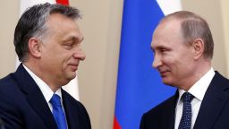 Russian President Vladimir Putin (R) and Hungarian Prime Minister Viktor Orban attend a joint press conference following their meeting at the Novo-Ogaryovo state residence outside Moscow, on February 17, 2016. AFP PHOTO / POOL / MAXIM SHIPENKOV / AFP / POOL / MAXIM SHIPENKOV        (Photo credit should read MAXIM SHIPENKOV/AFP/Getty Images)