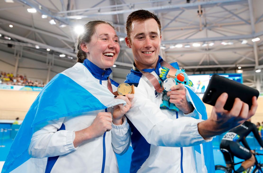 Scottish siblings Katie and John Archibald take a celebratory selfie with their gold and silver medals.