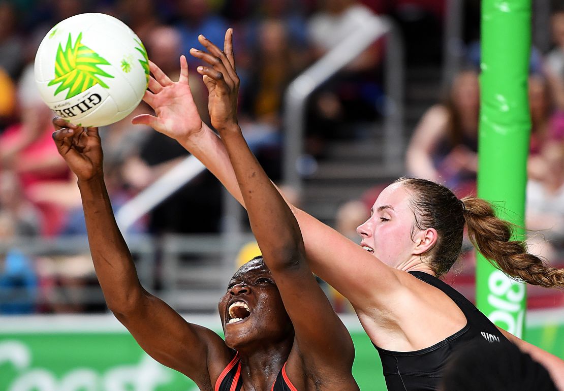 Peace Proscovia vies with Kelly Jury of New Zealand on day one of the Gold Coast 2018 Commonwealth Games.