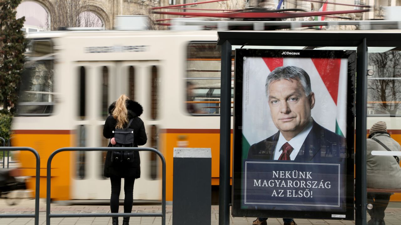 BUDAPEST, HUNGARY - MARCH 17:  A poster featuring Hungarian Prime Minister Viktor Orban hangs prior to the upcoming Hungarian parliamentary elections on April 8, on March 17, 2018 in Budapest, Hungary. Orban faces only a few disorganized opposition parties standing in the way of a possible third term, although the popularity of his own, Fidesz, once a liberal student movement and now advocating an increasingly anti-immigrant, anti-European Union platform after dominating Hungarian politics on both national and local levels since 2010, has fallen since December. It suffered a surprising setback last month in its southern town stronghold of Hodmezovasarhely, when an opposition-backed independent won an easy victory, giving hope to other contenders for success in the national elections in early April.  (Photo by Adam Berry/Getty Images)
