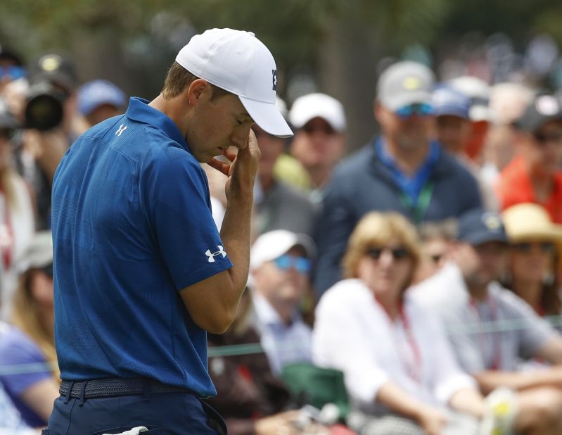 Jordan Spieth reacts after missing a putt on the seventh hole Friday. Spieth, the 2015 Masters champion, led the field by two strokes after his first-round 66. But he came back to the field Friday with a 2-over 74.