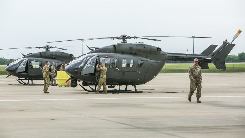 AUSTIN, TX - APRIL 06: Texas National Guard helicopters traveling to the Texas-Mexico border prepare to fly on April 6, 2018 in Austin, Texas. Brigadier General Tracy Norris announced during a press conference that the Texas National Guard will immediately deploy an expected 250 peronnel with supporting aircraft, vehicles and equipment within 72 hours. (Photo by Drew Anthony Smith/Getty Images)