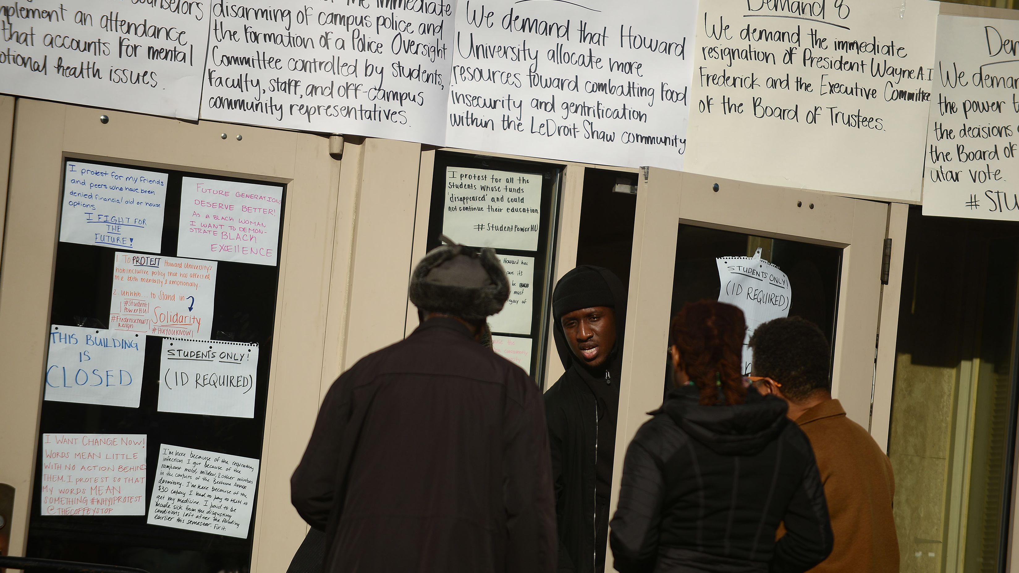 Students occupied the administration building on campus of Howard University to protest the university's policies, tuition hikes and neglect of student affairs. 
