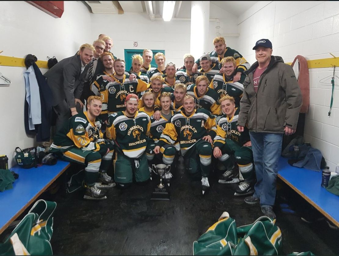 Members of the Humboldt Broncos pose for a photo after winning the Bourgault Cup in March. 