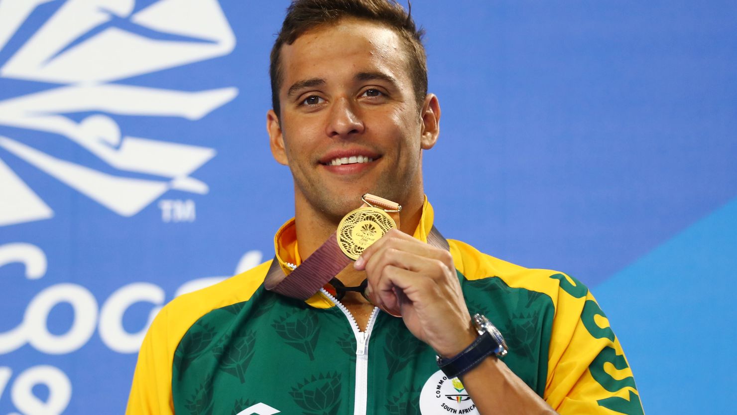 Gold medalist Chad le Clos of South Africa poses during the medal ceremony for the men's 200m butterfly final.