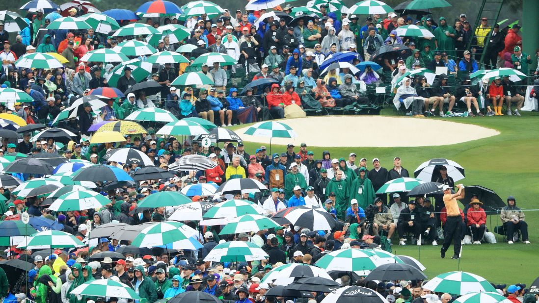 Ian Poulter plays his shot from the third tee during the third round of the 2018 Masters Tournament at Augusta National Golf Club on Saturday. 