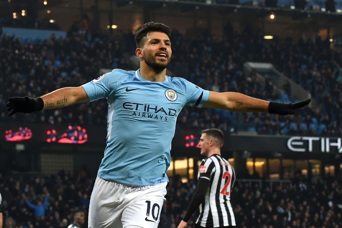 Manchester City's Argentine striker Sergio Aguero celebrates scoring against Newcastle United. 